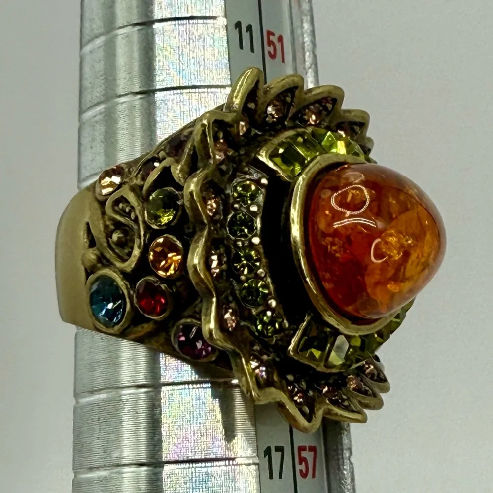 Vintage Heidi Daus Statement Ring – Amber Cabochon w Multi-Color Crystals Sz 7 - Picture 7 of 17